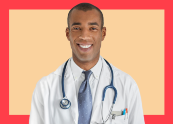 imagem com fundo vermelho e bege com homem de jaleco branco sorrindo