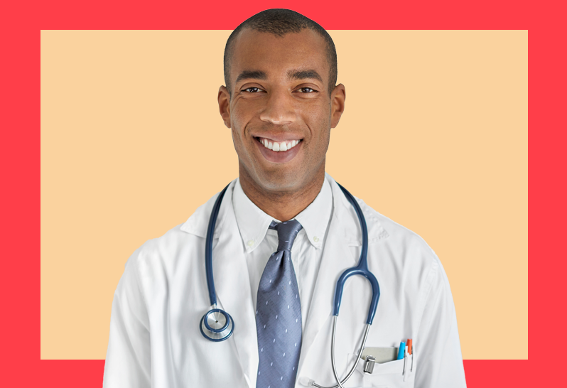 imagem com fundo vermelho e bege com homem de jaleco branco sorrindo